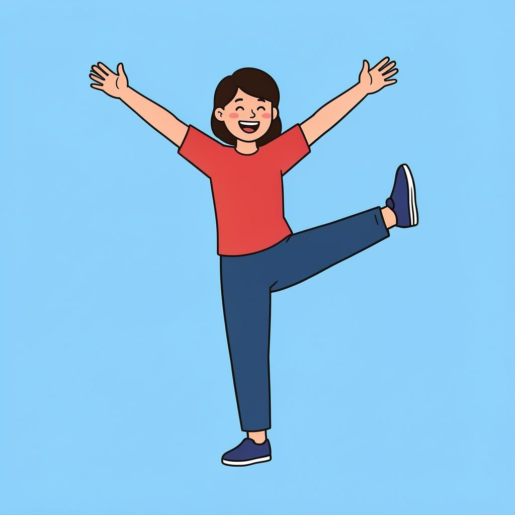 A person stretching their arms and legs in a bright, open space.