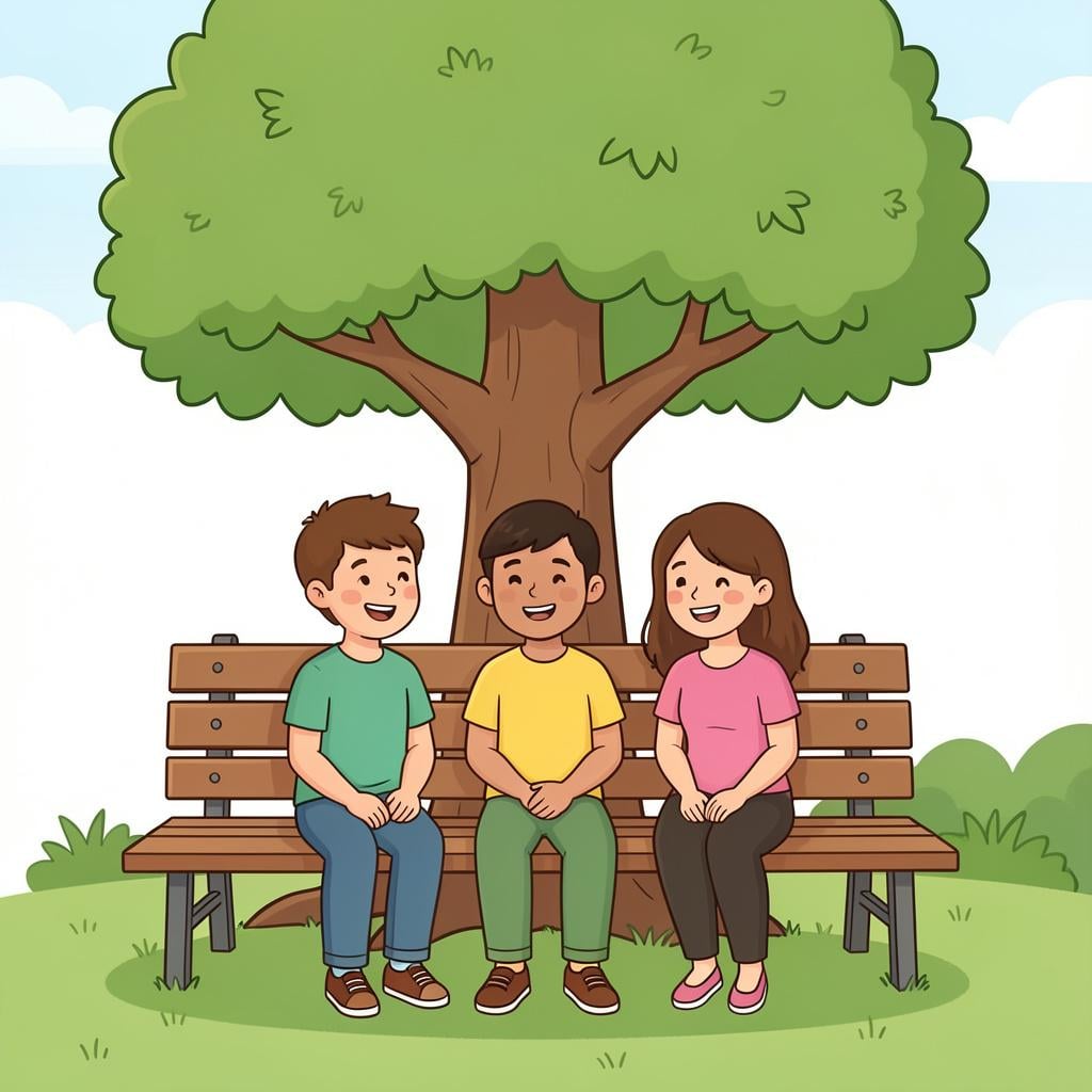 A group of friends sitting comfortably on a park bench under a large tree, showing they are staying in that spot.