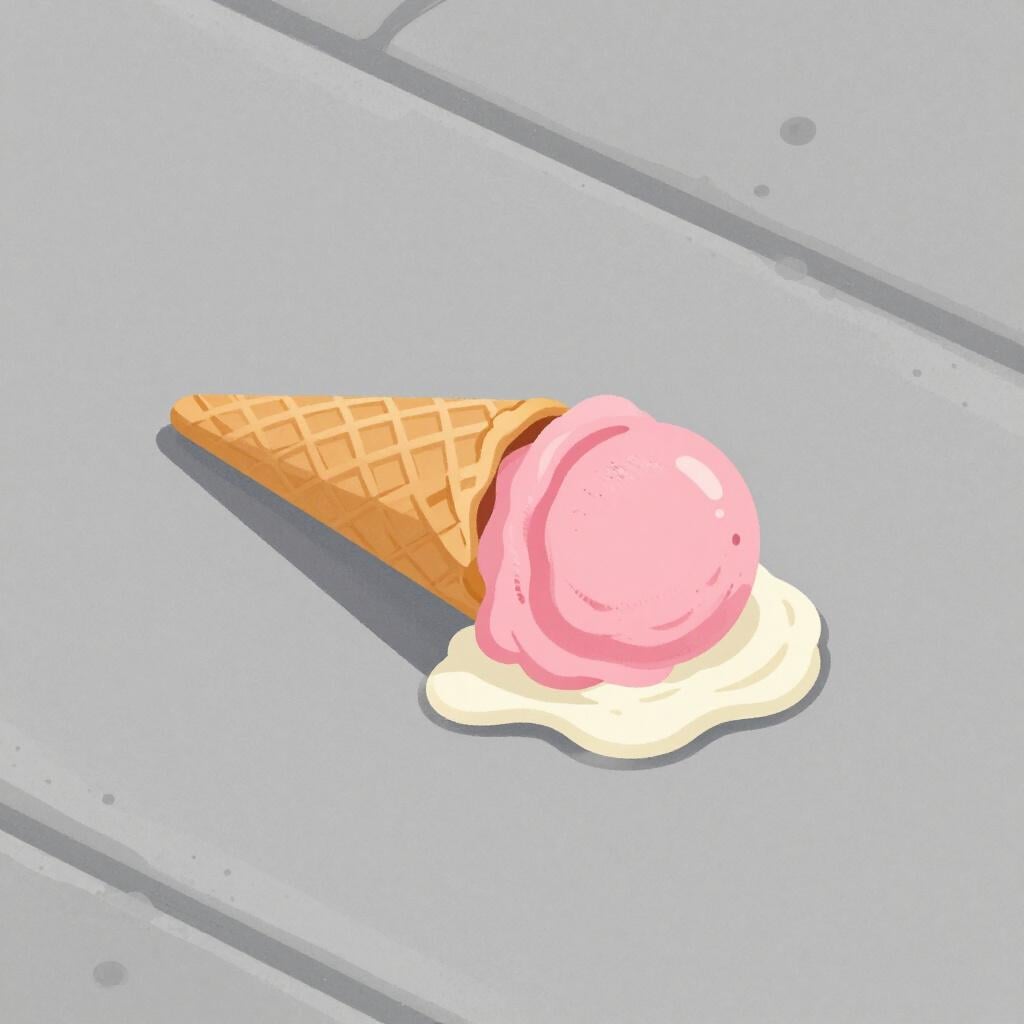 Eine Eistüte, die kopfüber auf einem Bürgersteig liegt.