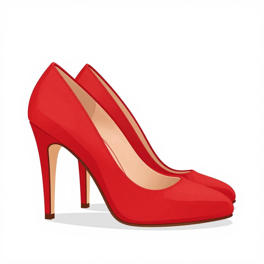 A pair of elegant red high-heeled shoes standing on a simple floor.