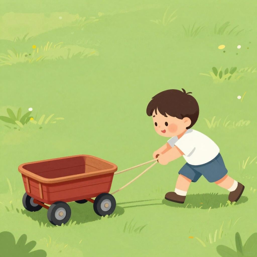 Een kind in een felrode trui trekt een kleine houten kar over een groen veld.