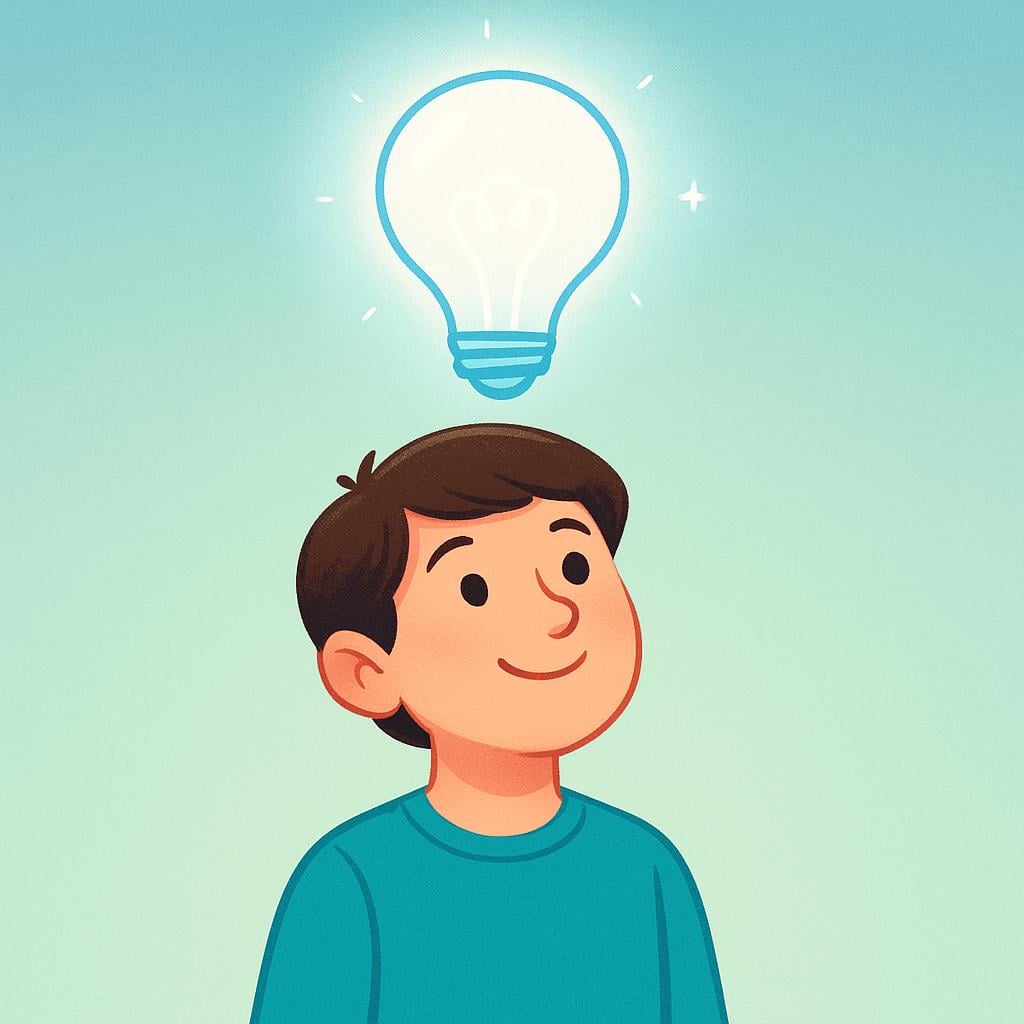A colorful illustration showing a bright, glowing lightbulb suddenly appearing above a person's head, symbolizing a new idea.
