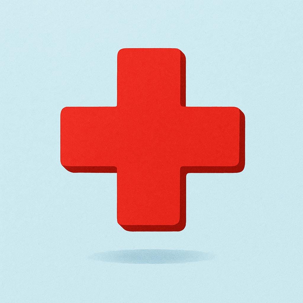 A simple, stylized red cross shape centered on a plain background.