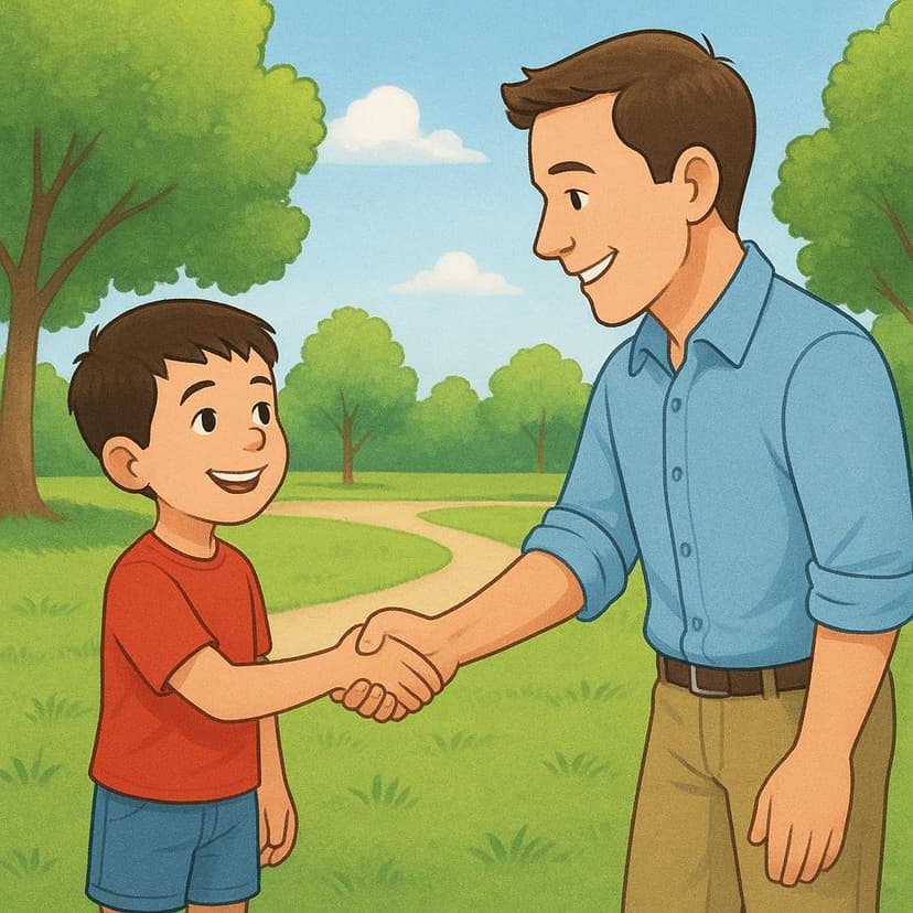 A young boy smiling and shaking hands warmly with an adult man, indicating a friendly acquaintance.