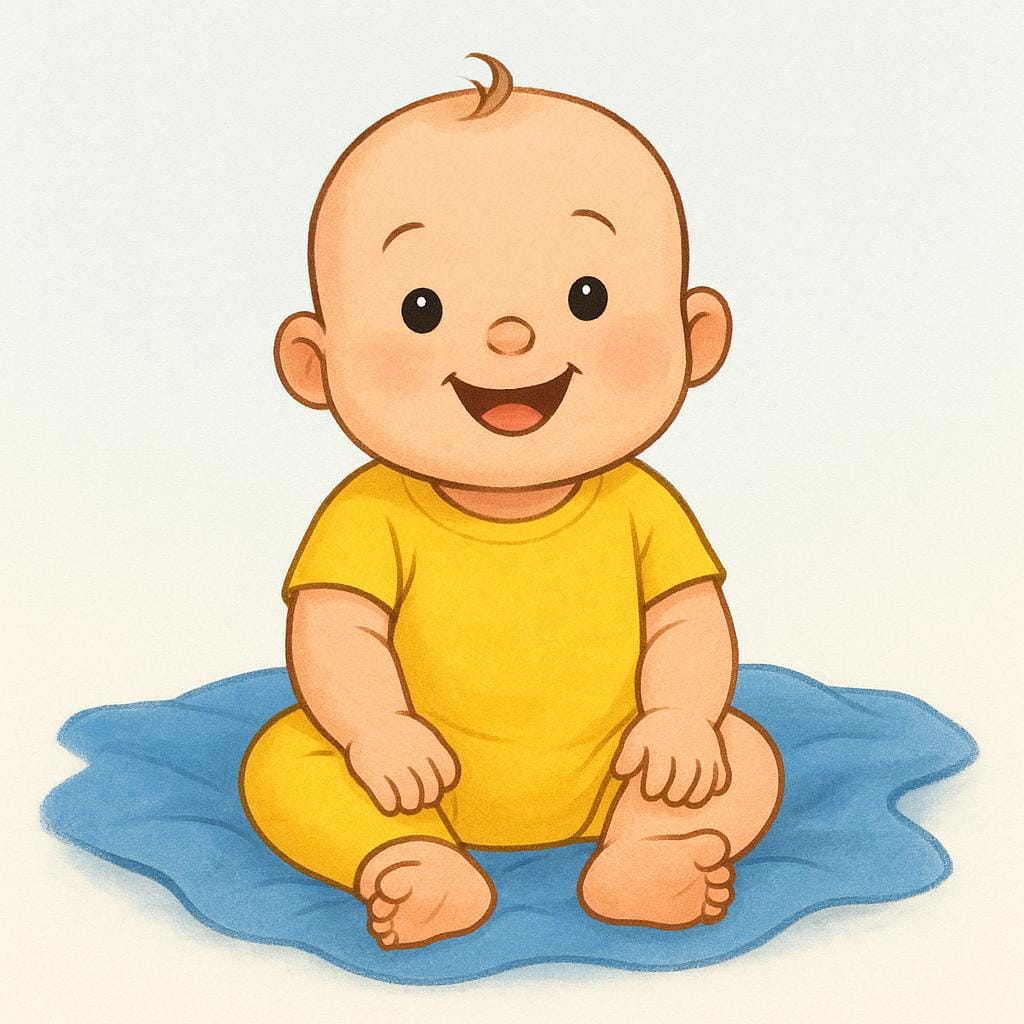 A smiling baby wearing a yellow onesie sitting on a soft blue blanket.