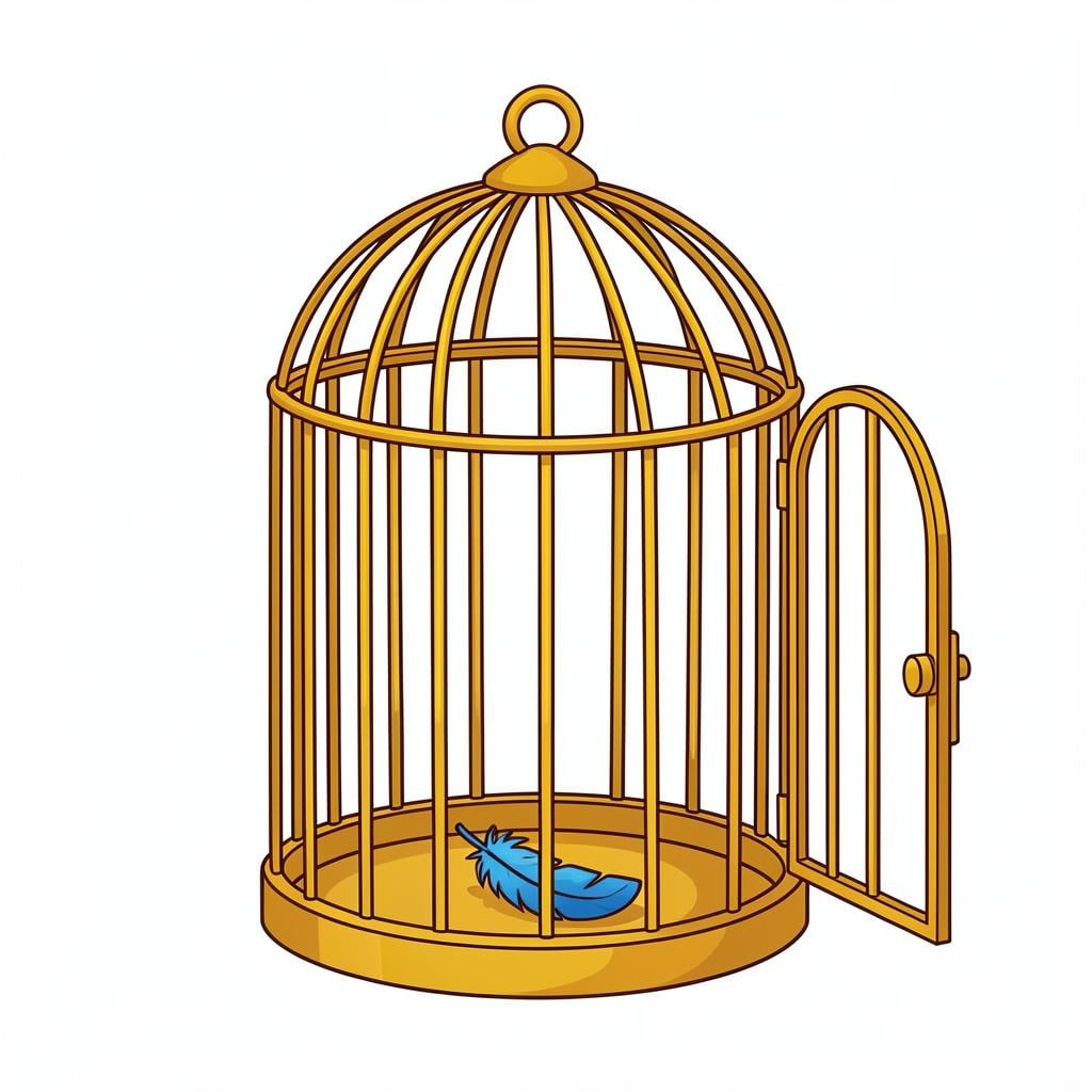 An empty birdcage with the door wide open and a single feather left on the floor.