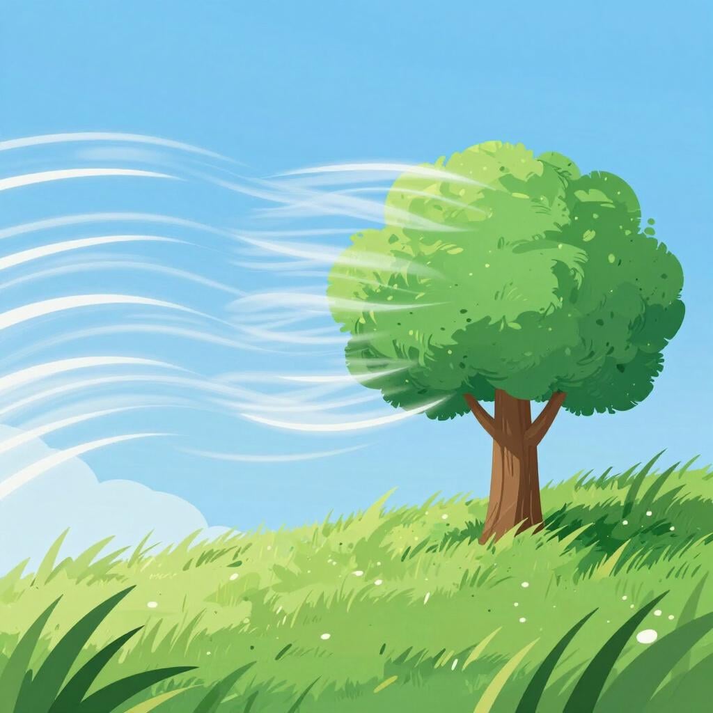 A strong wind blowing through a grassy field, making the tall grass and a single tree lean heavily to one side.