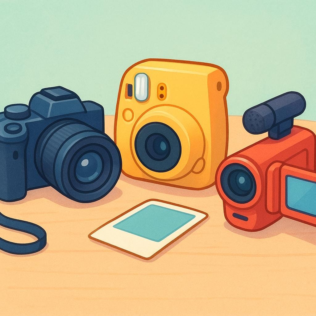 Eine einfache Anordnung von drei verschiedenen Kameratypen: eine moderne DSLR, eine kleine Vintage-Kamera und eine Filmkamera, die fotografische Ausrüstung veranschaulichen.