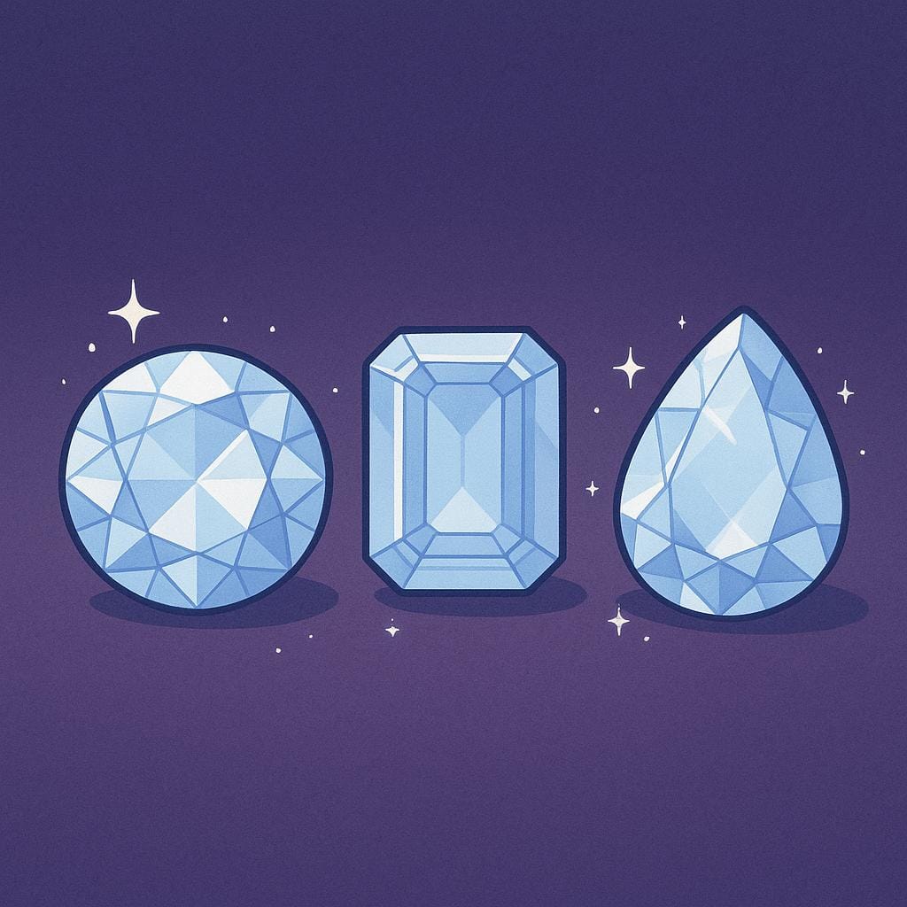 A small pile of three simple, clear, faceted gemstones (diamonds) sparkling brightly.