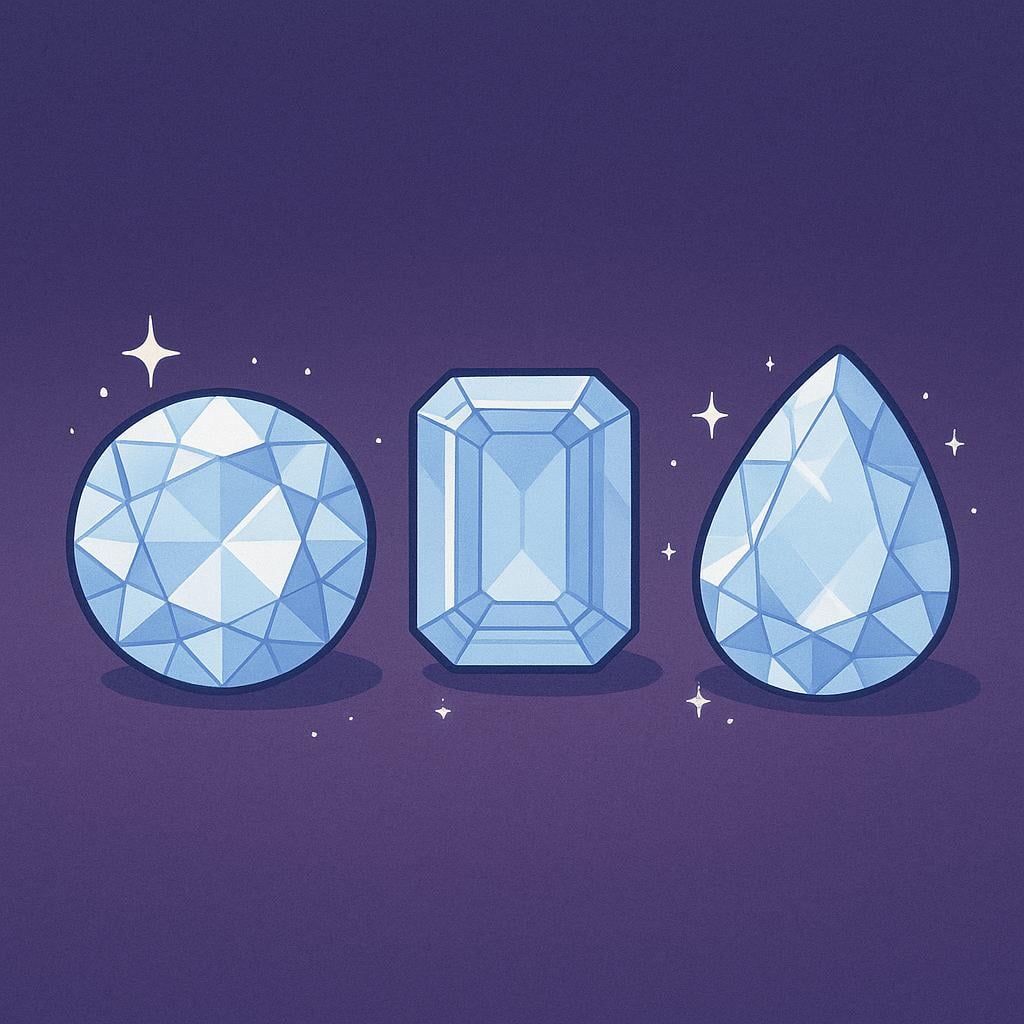 A small pile of three simple, clear, faceted gemstones (diamonds) sparkling brightly.