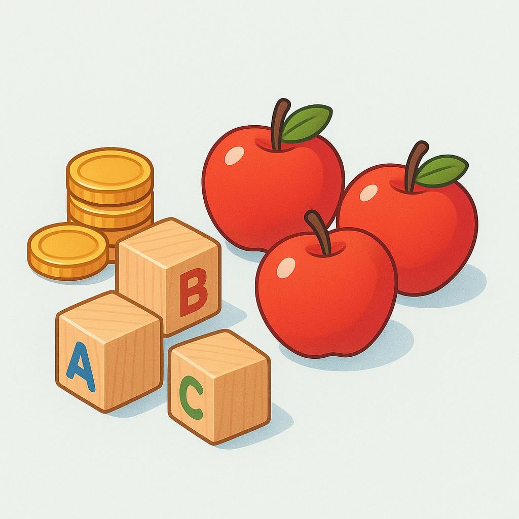 A colorful stack of useful resources, including gold coins, wooden blocks, and fresh apples.