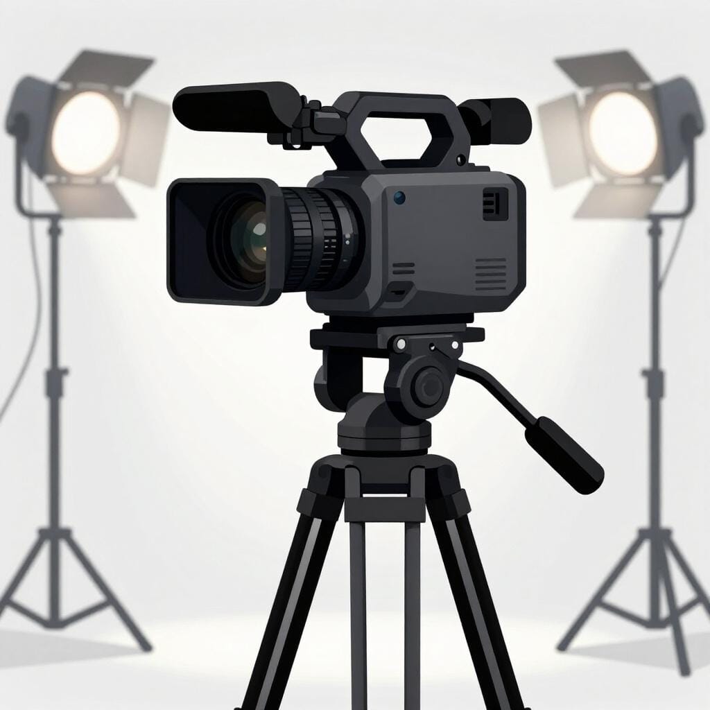 A modern professional video camera on a tripod used in a television studio.