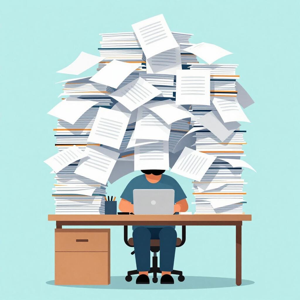 Une personne assise à un bureau ensevelie sous une montagne géante de papiers colorés.