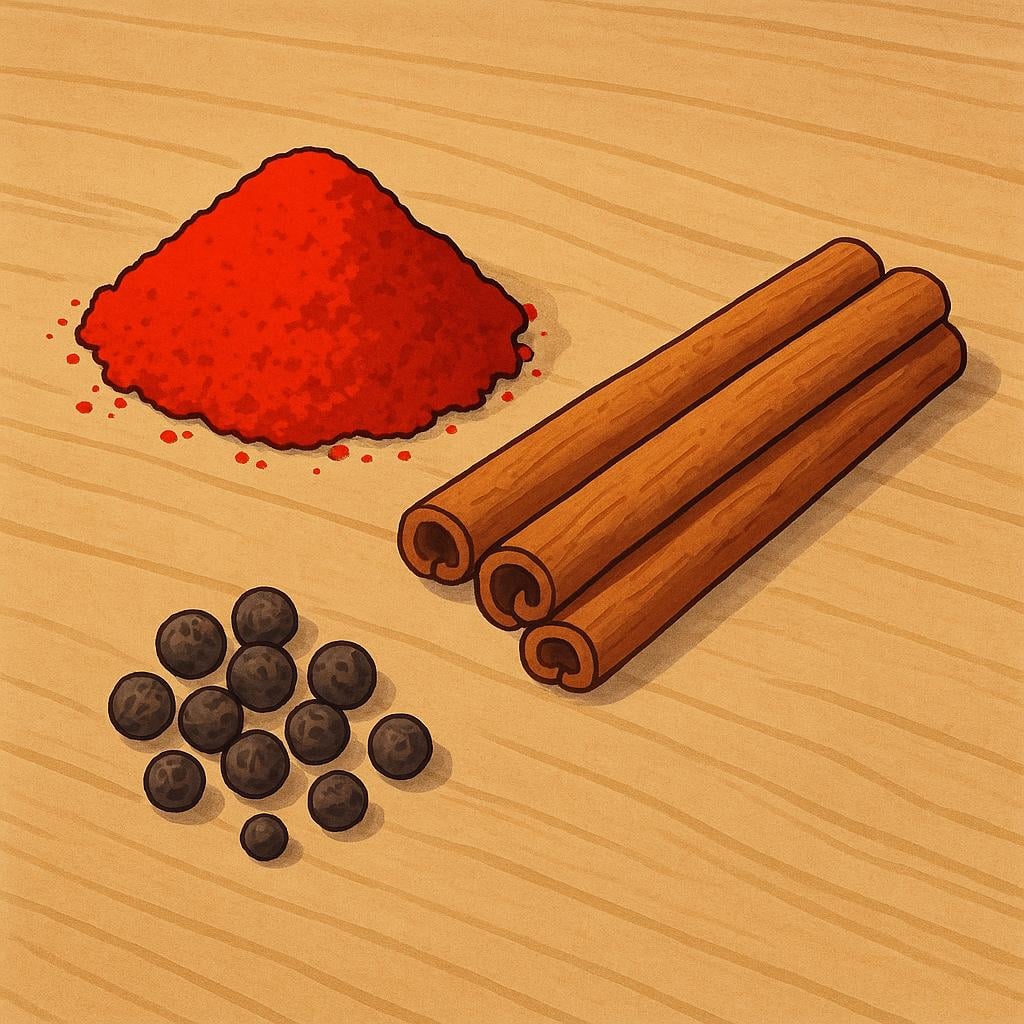 A close-up view of three distinct culinary spices: a pile of red powder, three brown sticks, and a cluster of black peppercorns.