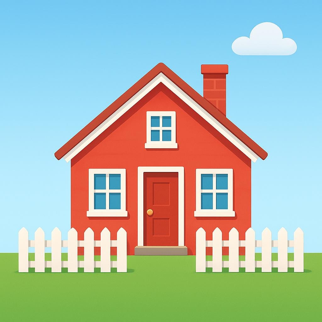 A simple, cheerful red house with a white picket fence sitting on a green patch of grass under a bright blue sky, representing real estate or assets.