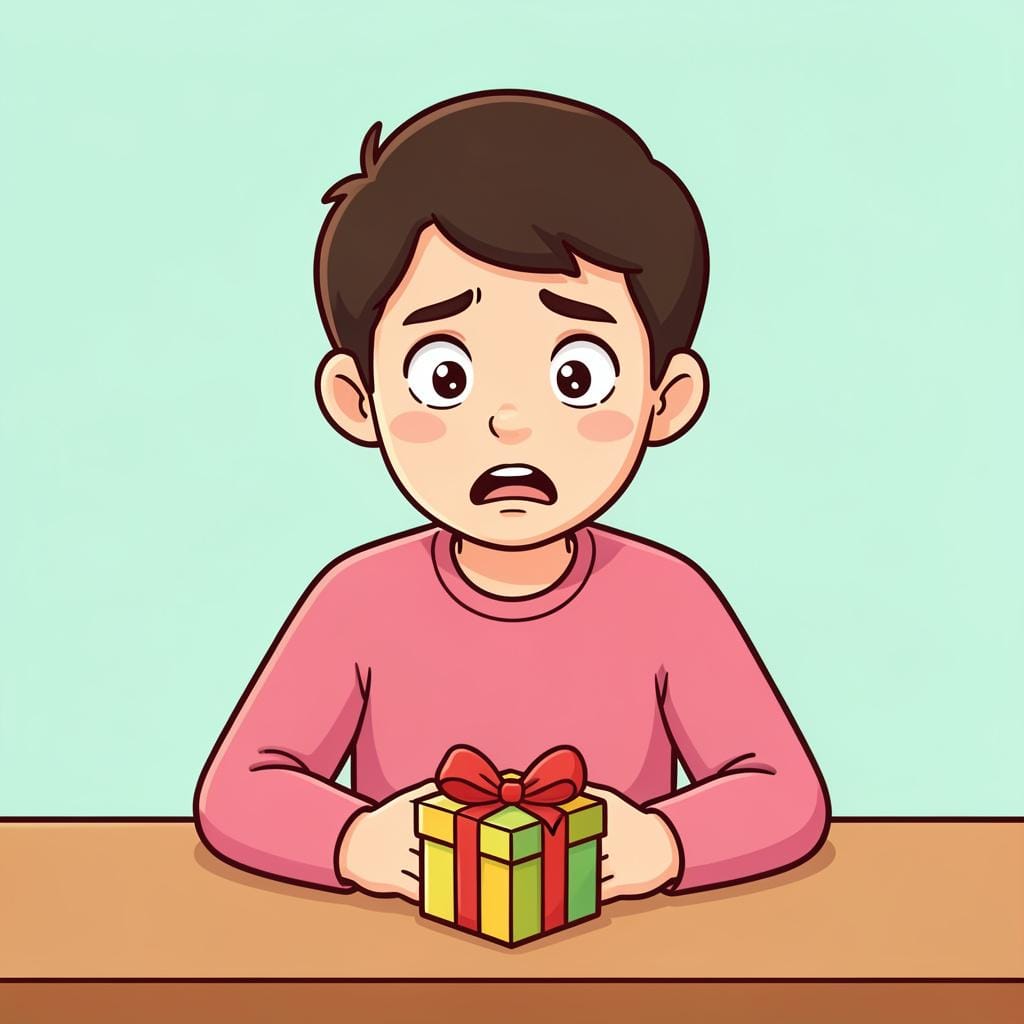 A person with an offended expression looking at a gift box.