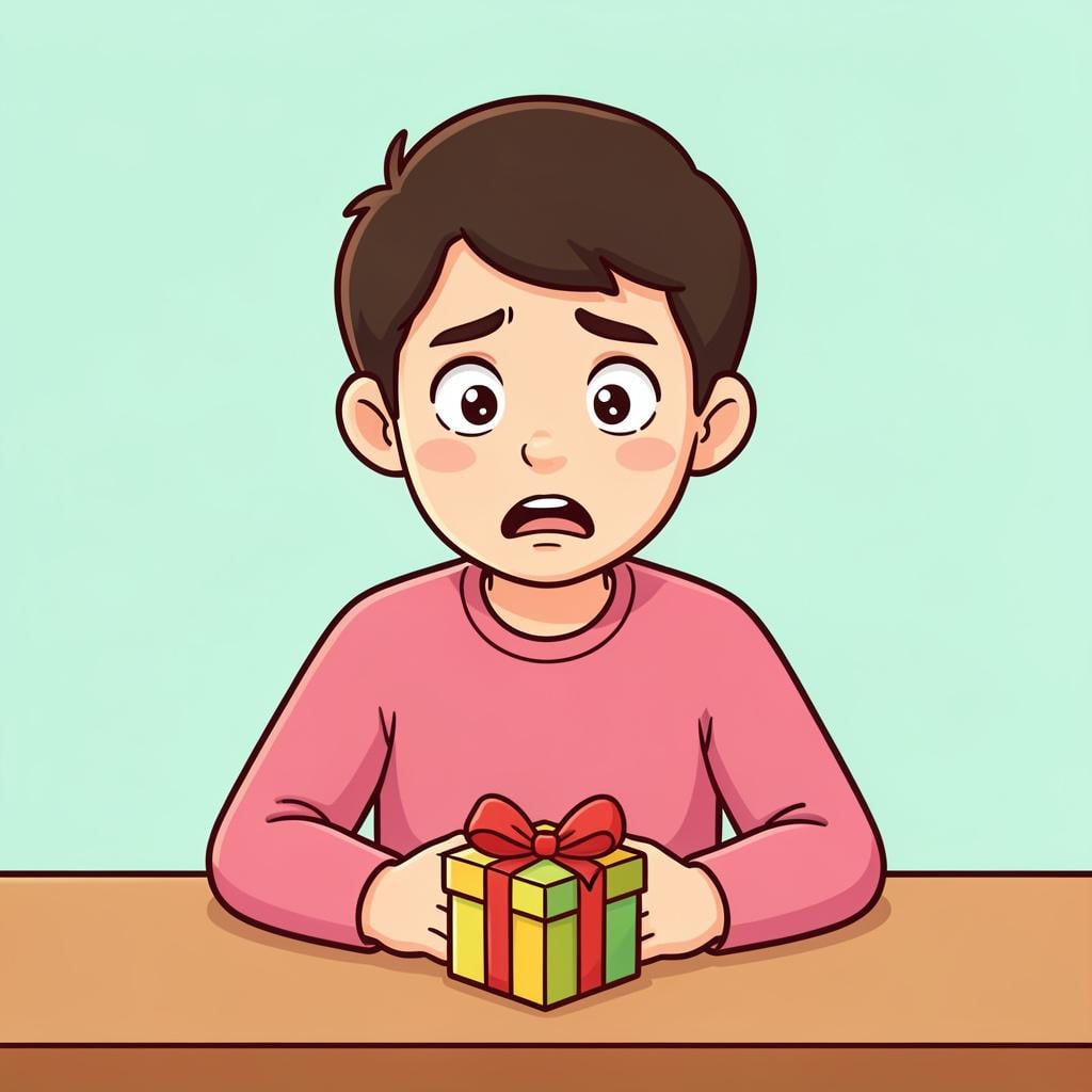 A person with an offended expression looking at a gift box.