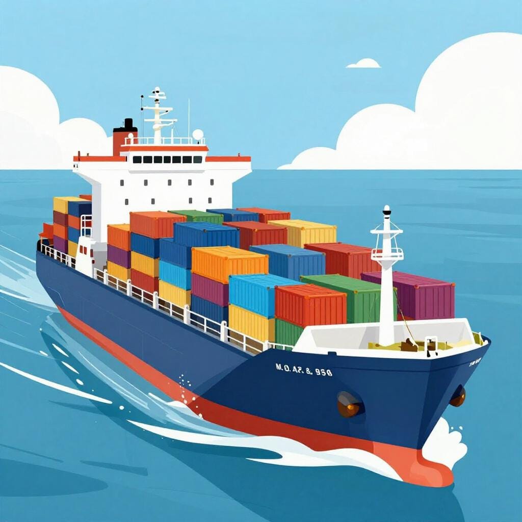 A large cargo ship carrying colorful containers across the blue ocean.