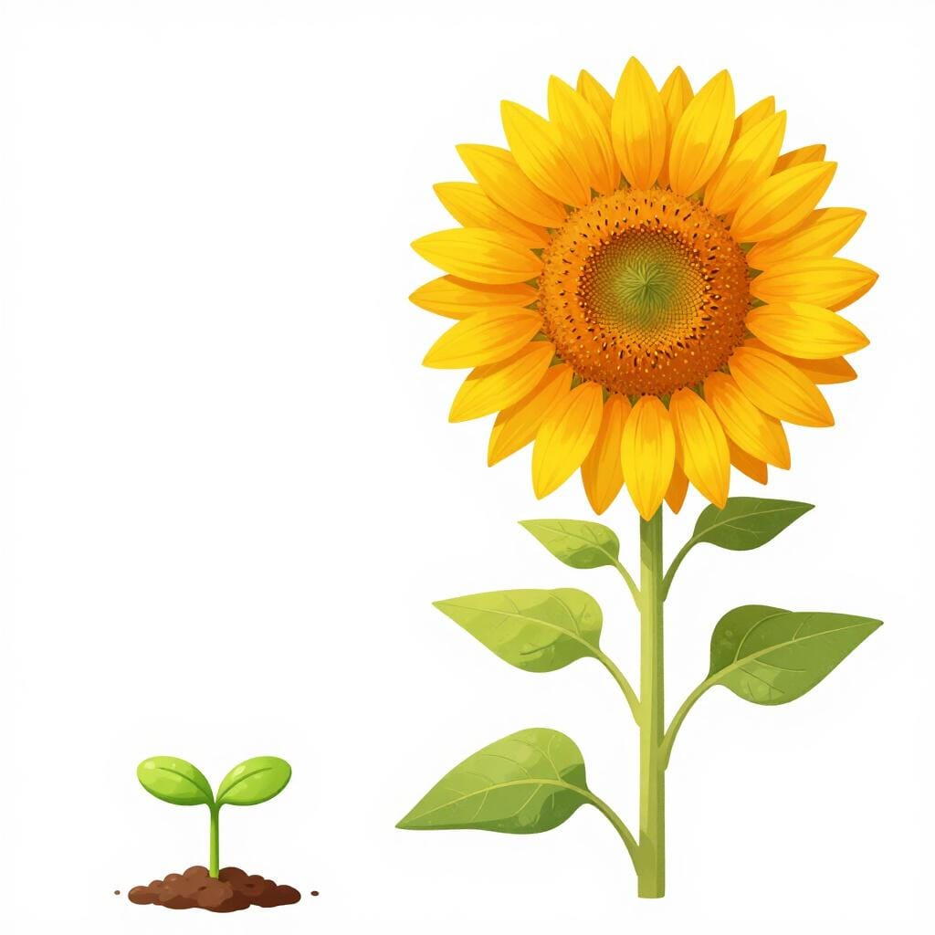 A small green seedling next to a very tall, lush sunflower showing a large amount of growth.