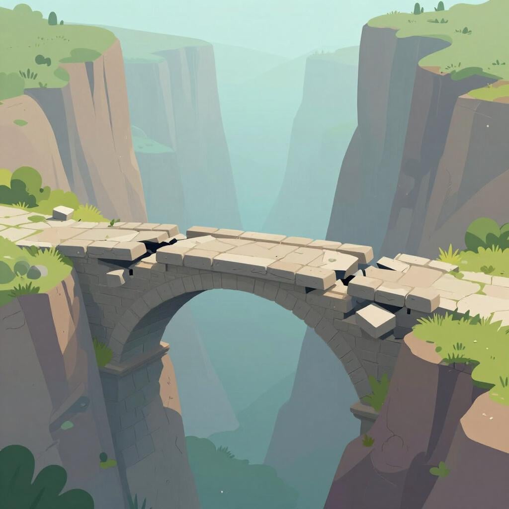 Eine schmale, bröckelnde Steinbrücke über eine tiefe dunkle Schlucht.