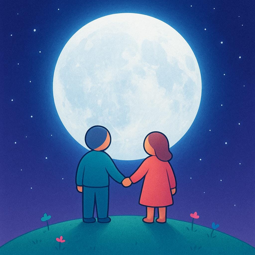 Two stylized figures holding hands silhouetted against a bright full moon, symbolizing romantic tenderness.