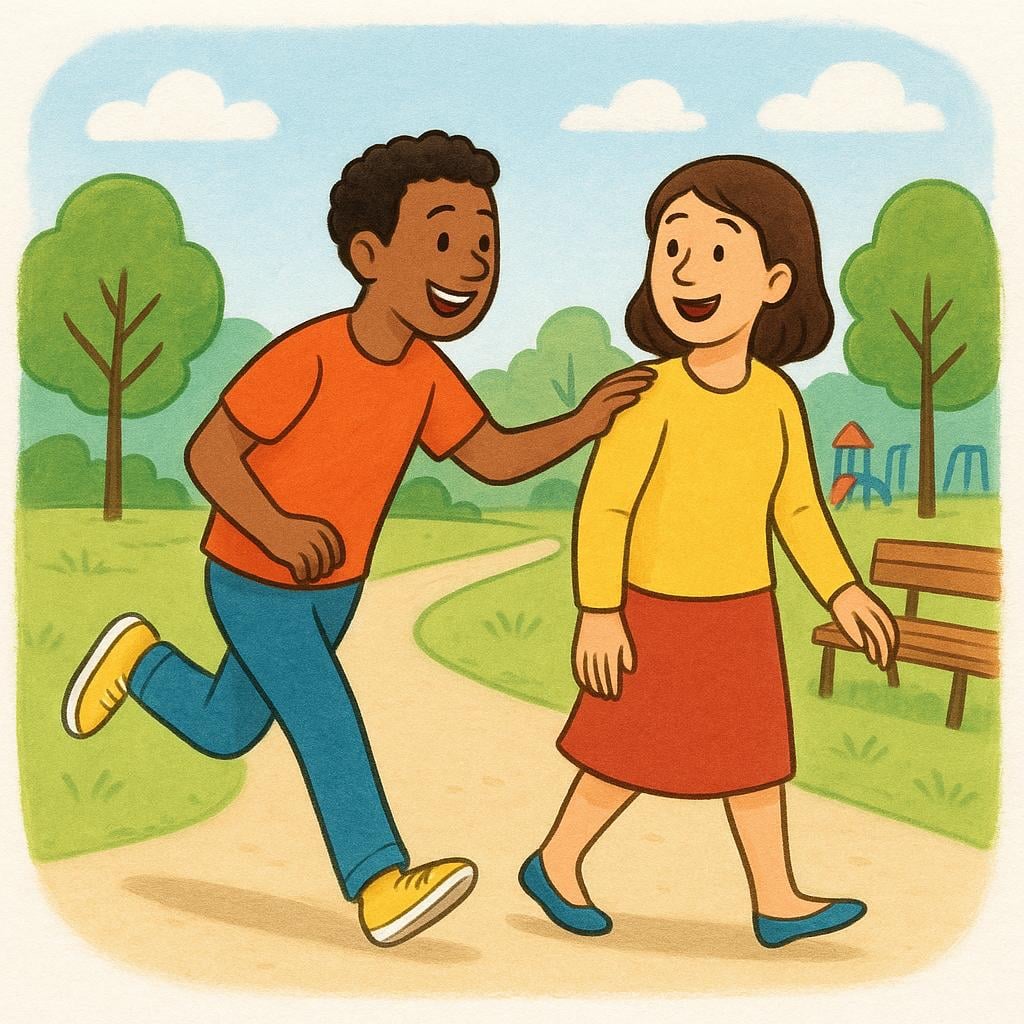 A person catching up to and touching the shoulder of a friend who was walking ahead.