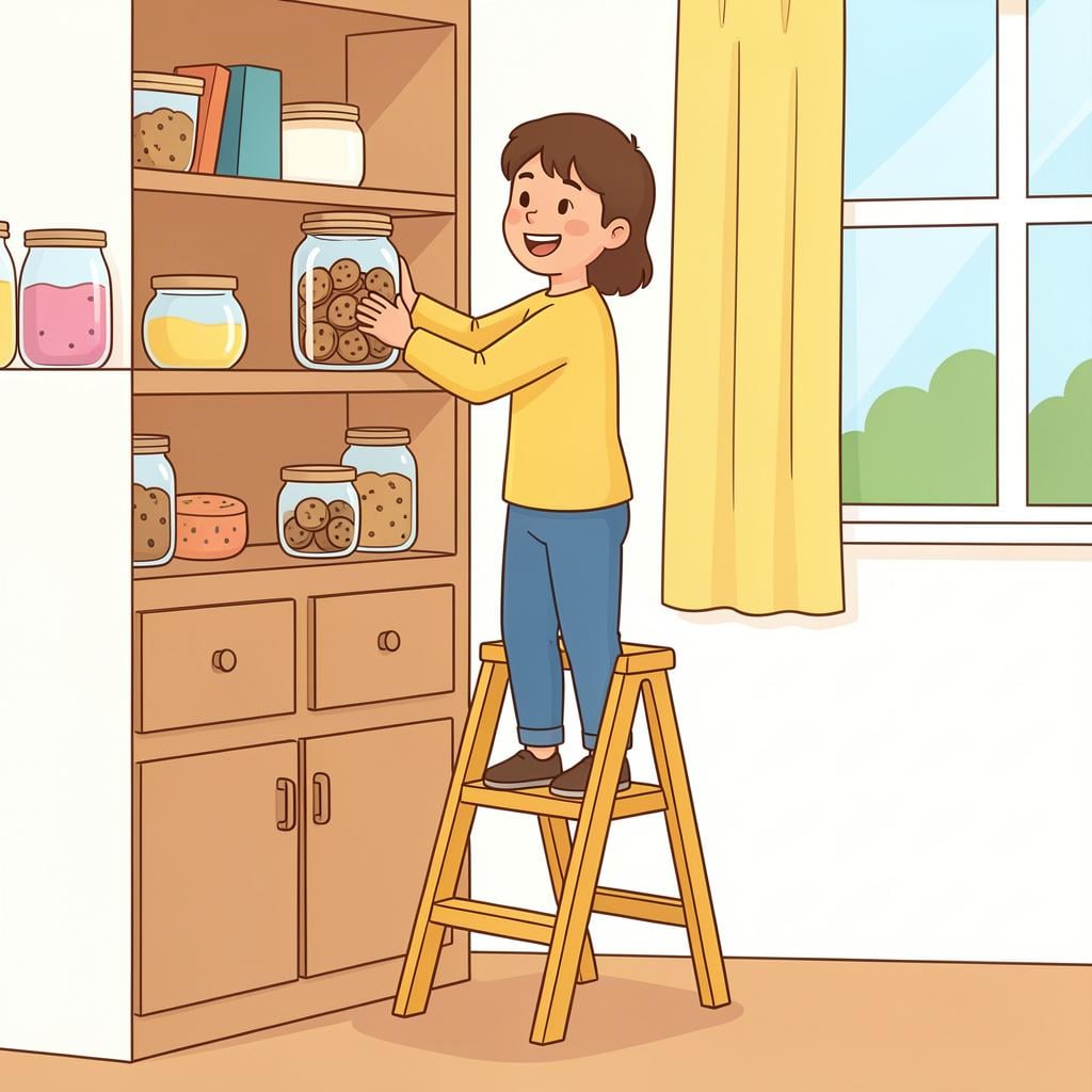 A person standing on top of a tall step stool to easily reach a high shelf, illustrating an advantage.
