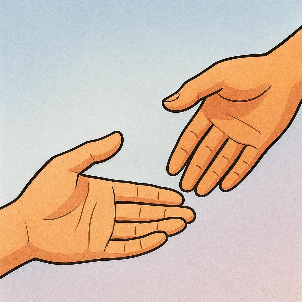 A close-up illustration showing one hand extended, palm up, in a polite offering gesture toward a second, waiting hand.