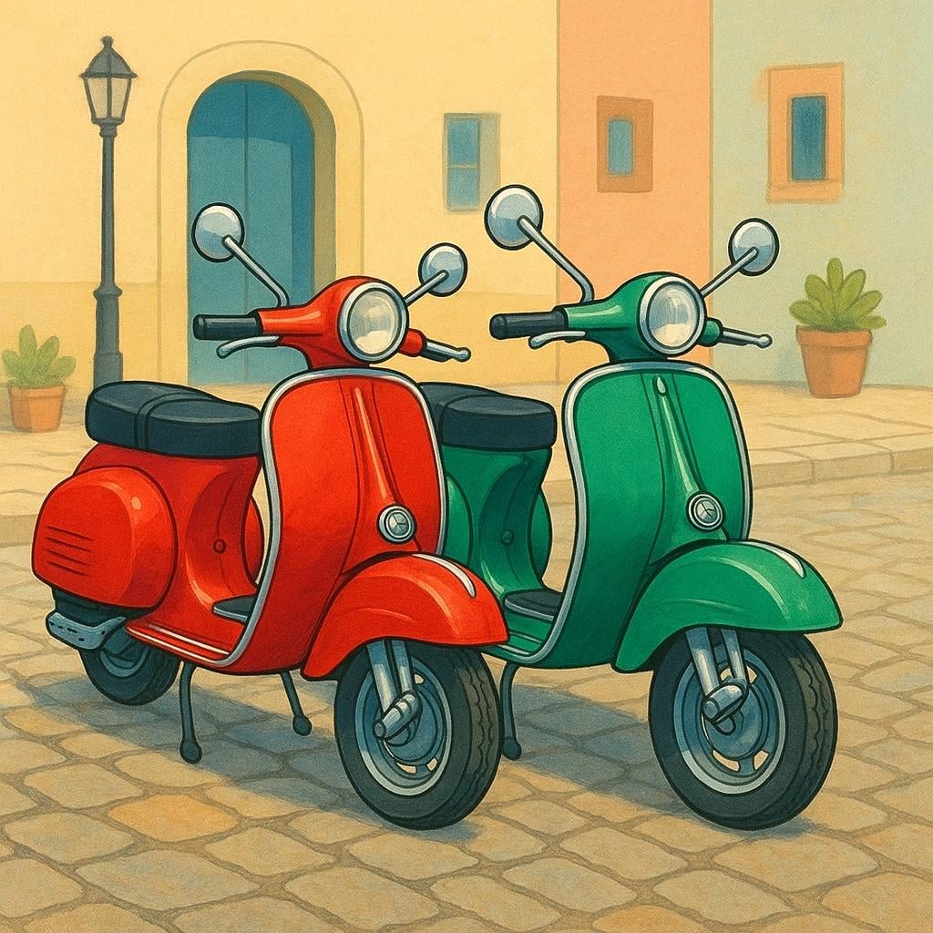Two classic Italian motor scooters (Vespas) parked side-by-side on a simple street. One scooter is painted red, and the other is green.