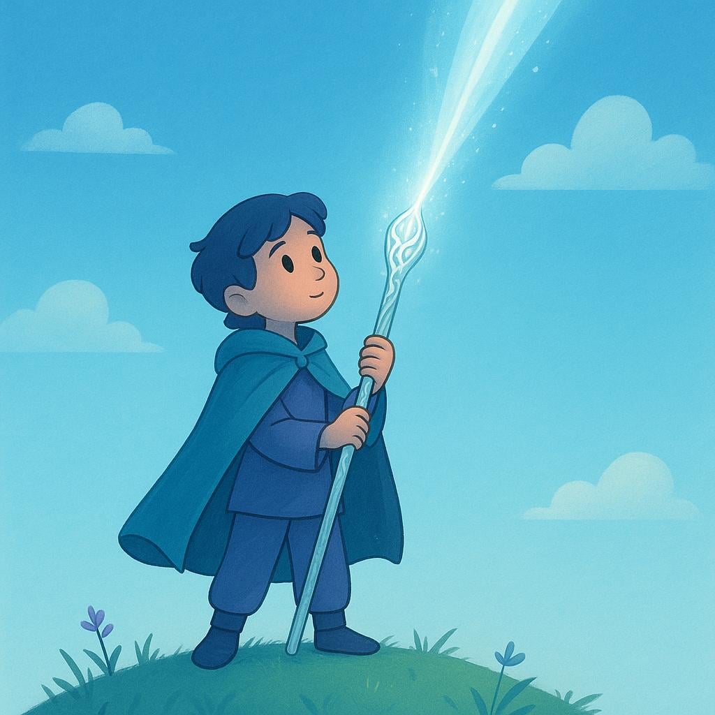 A young figure stands on a hilltop, receiving a glowing, ornate staff that descends from a bright ray of light, symbolizing selection for a special purpose.