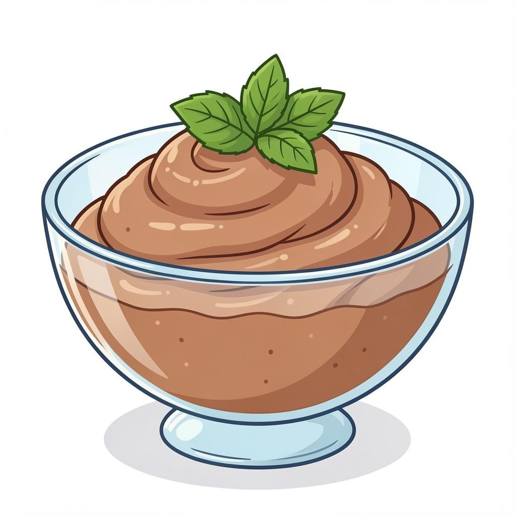 Een glazen kom gevuld met luchtige chocolademousse gegarneerd met een enkel muntblaadje.