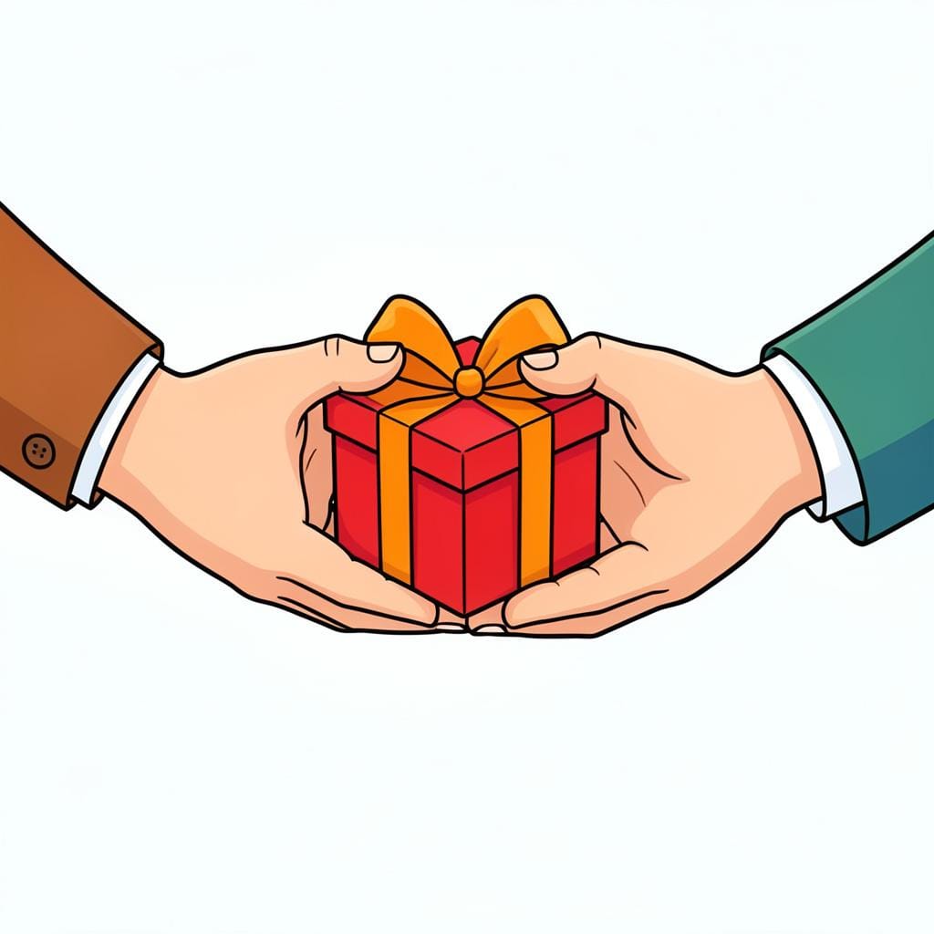 Die Hände einer Person überreichen einer anderen Person eine kleine Geschenkbox.