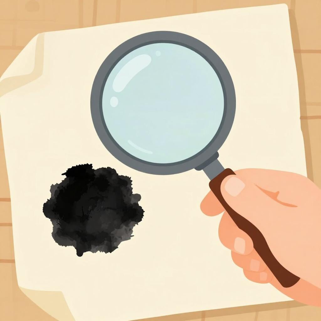 A hand using a magnifying glass to look at a drop of spilled ink on a paper.