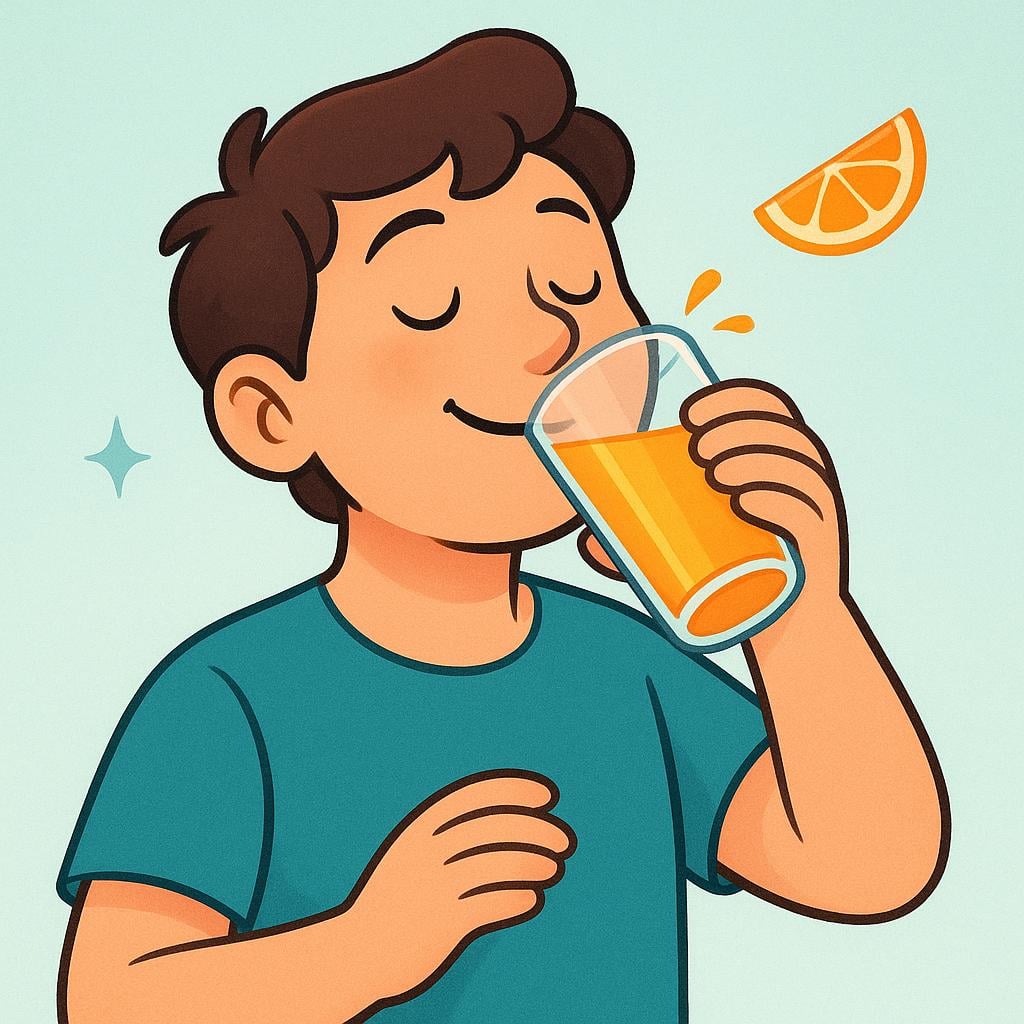 A colorful illustration of a person taking a continuous sip from a glass filled with orange juice.