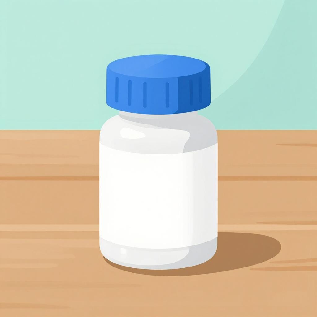 Une simple bouteille de médicament blanche avec une étiquette blanche simple et un bouchon bleu, représentant un produit sans nom de marque.