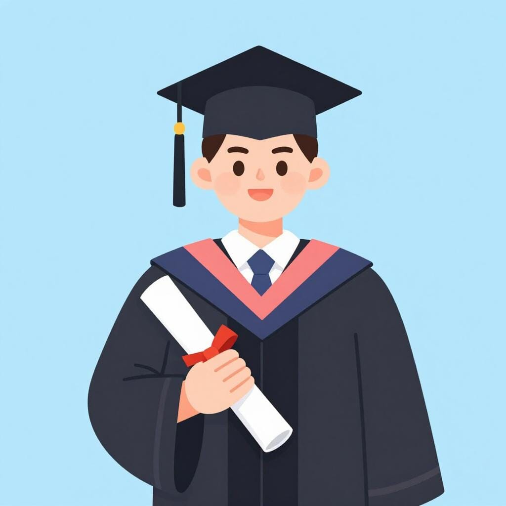 A person wearing a graduation cap and gown holding a rolled diploma with a red ribbon.
