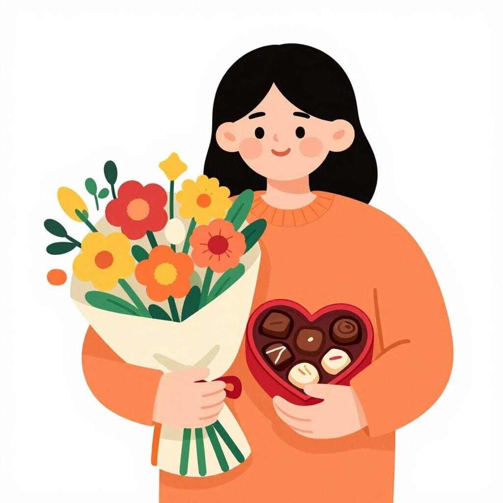 A person with a warm smile holding a bouquet of flowers and a box of chocolates.