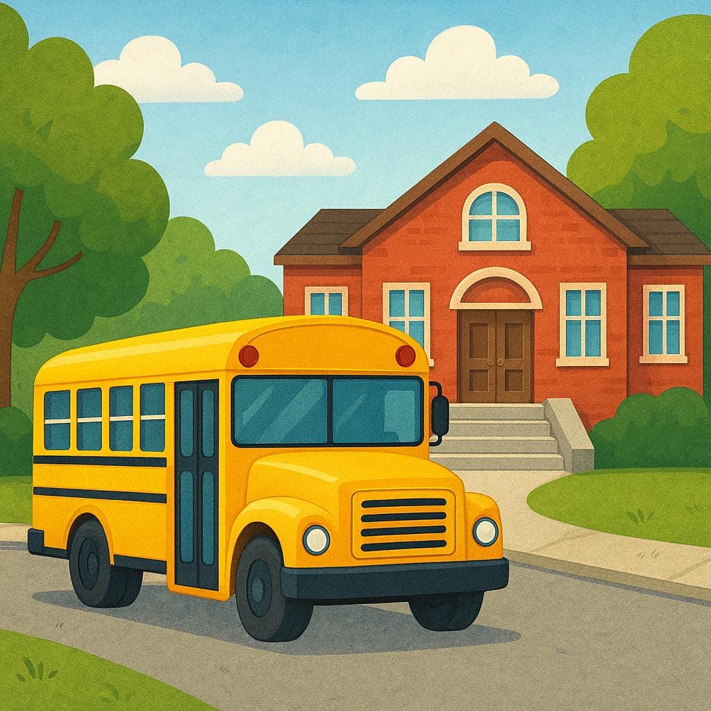 A simple illustration showing a bright yellow school bus parked next to a traditional red-brick school building with large windows.