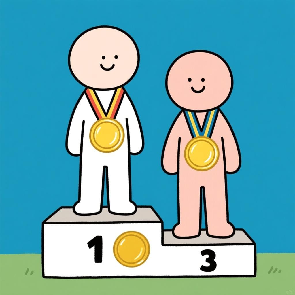 Two simple figures standing on a winner's podium, each wearing a gold medal, symbolizing 'they were' champions.