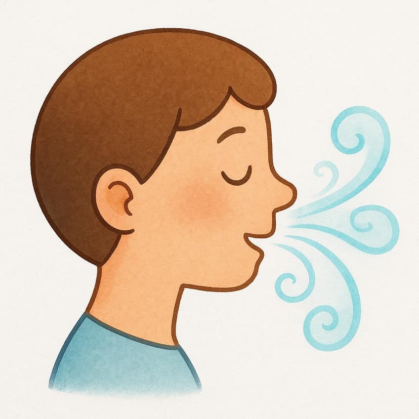 A simplified illustration of a person's profile showing the process of breathing, with light blue stylized air streams flowing into and out of the nose and mouth.