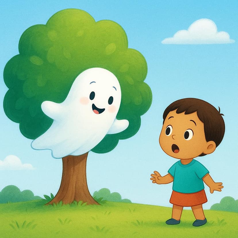 A friendly ghost popping out from behind a tree to surprise a small child.