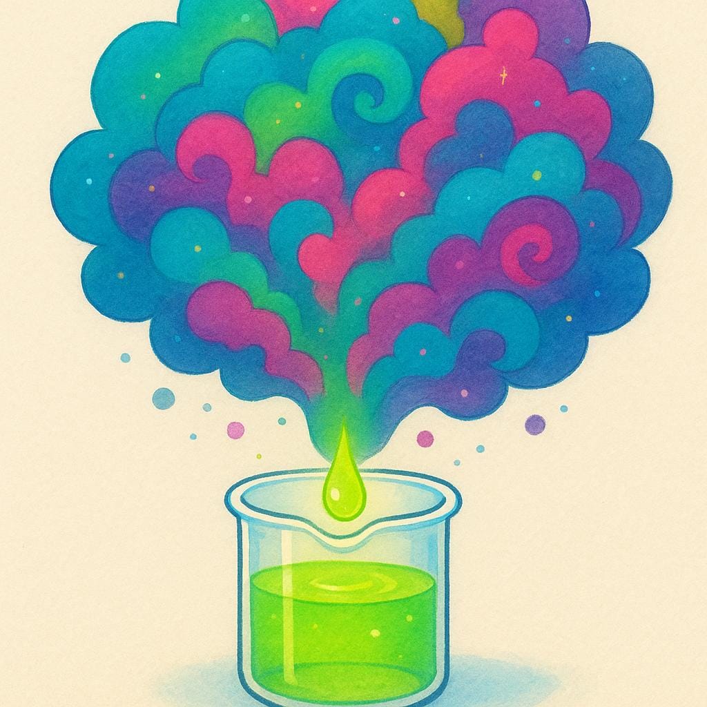 A tiny glowing green drop causing a massive, brightly colored cloud of vapor to erupt from a small beaker.