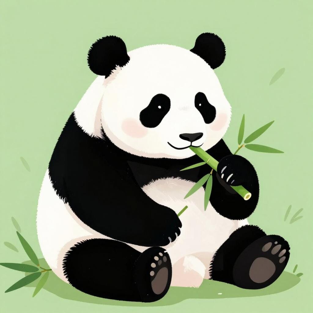 A fluffy black and white giant panda sitting and eating a green bamboo stalk.