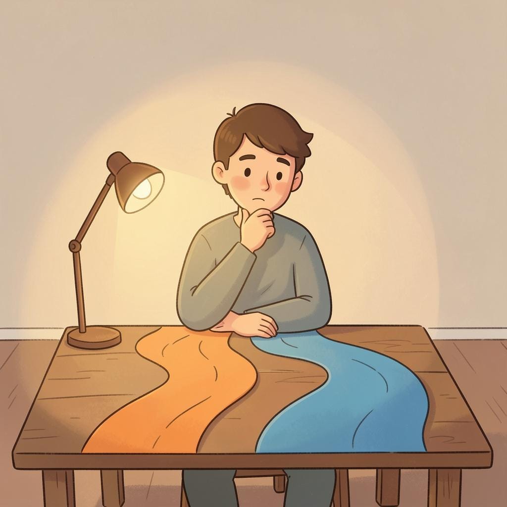 A person sitting at a desk, looking thoughtfully at two different paths drawn on a map on the table.