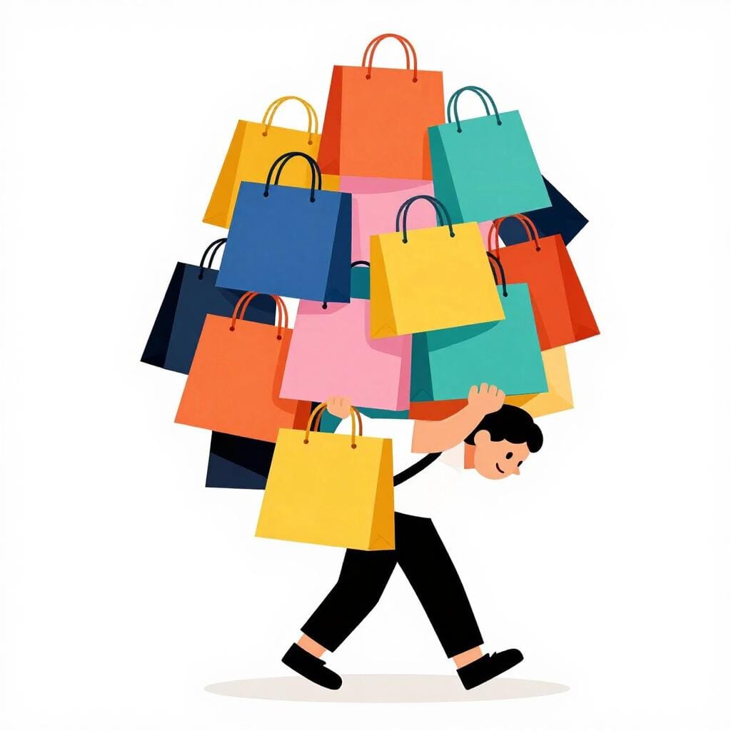 A person happily carrying a massive, overflowing stack of colorful shopping bags to represent a burst of activity.