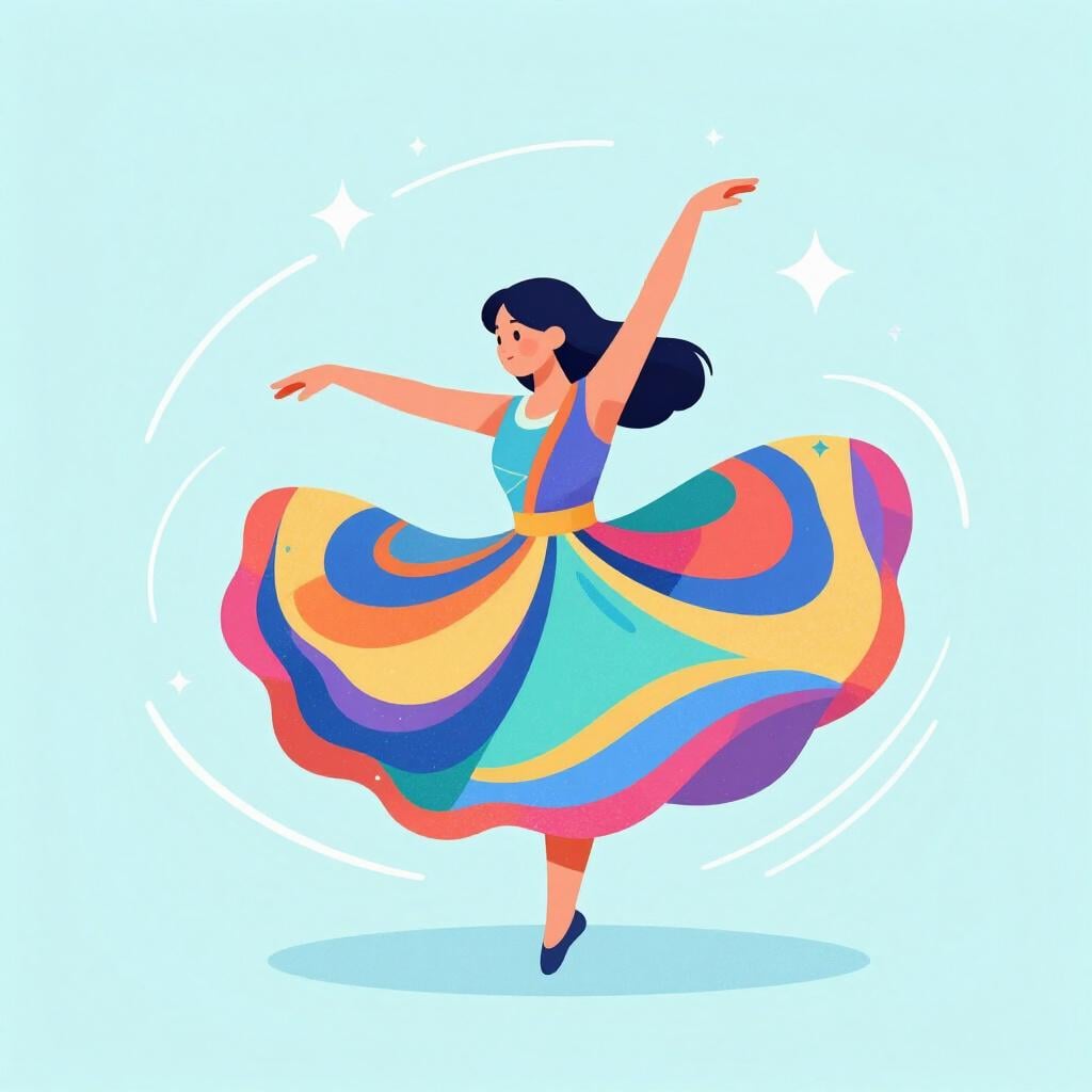 A graceful person in a flowing dress performing a rhythmic dance movement.