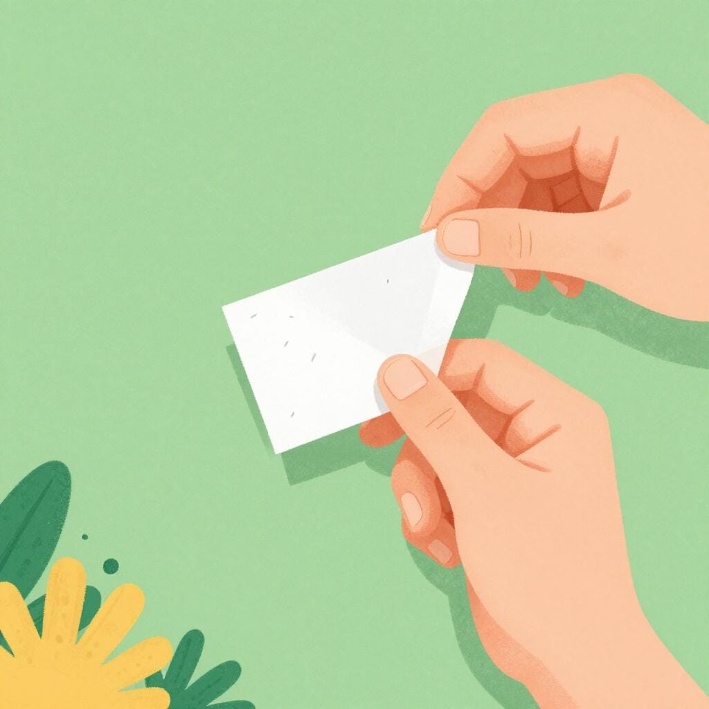 A tiny folded piece of paper hidden in the palm of a hand.