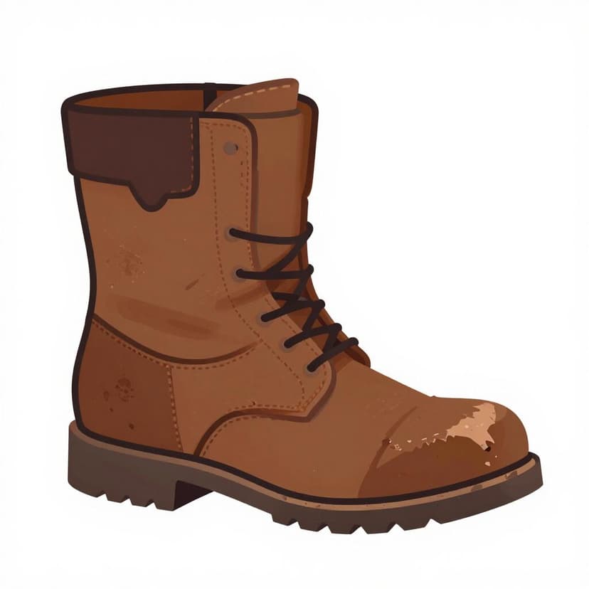 A single, old leather boot with visible holes, frayed edges, and a faded color.