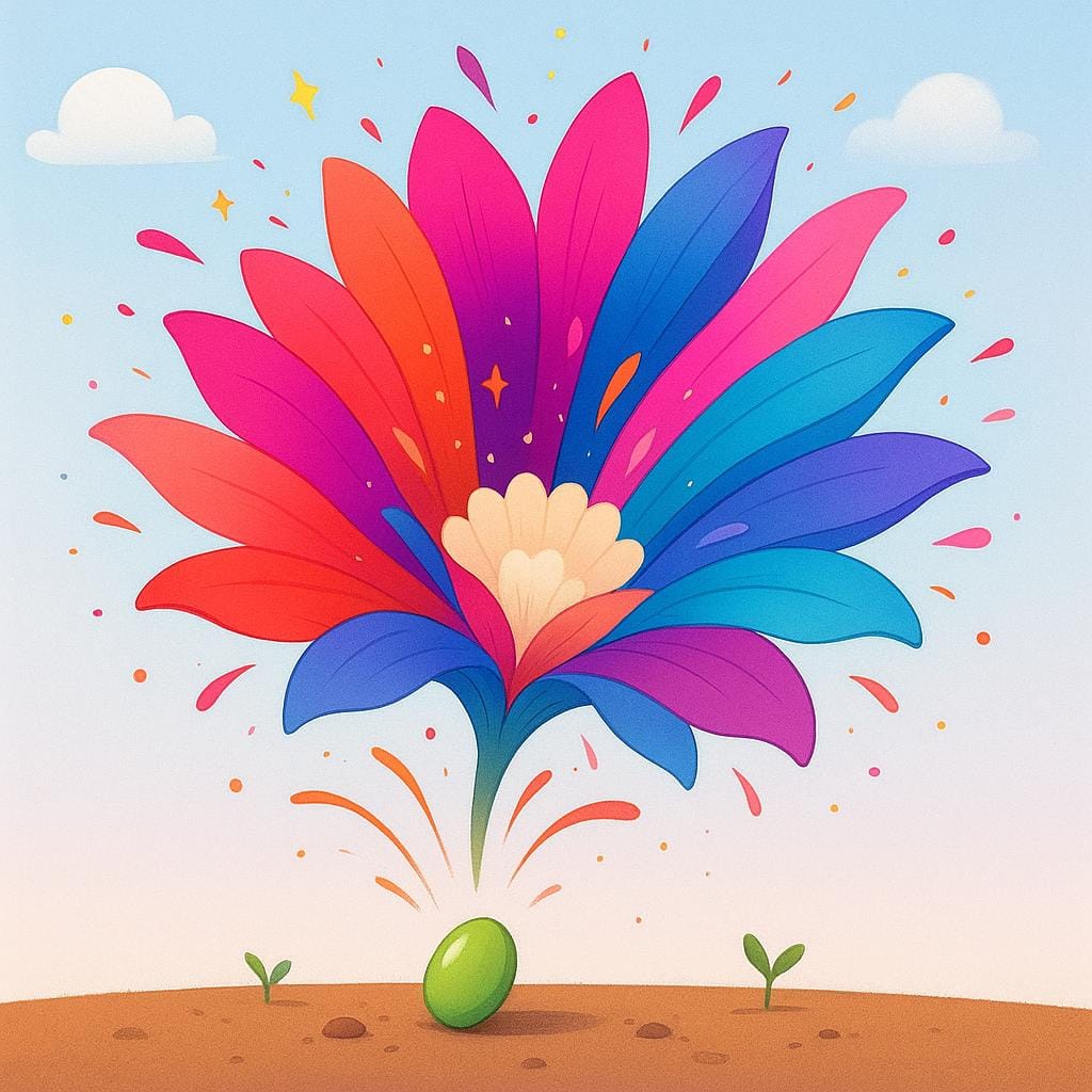 A tiny seed on the ground instantly sprouting into a large, vibrant, blooming flower, illustrating a hypothetical event.