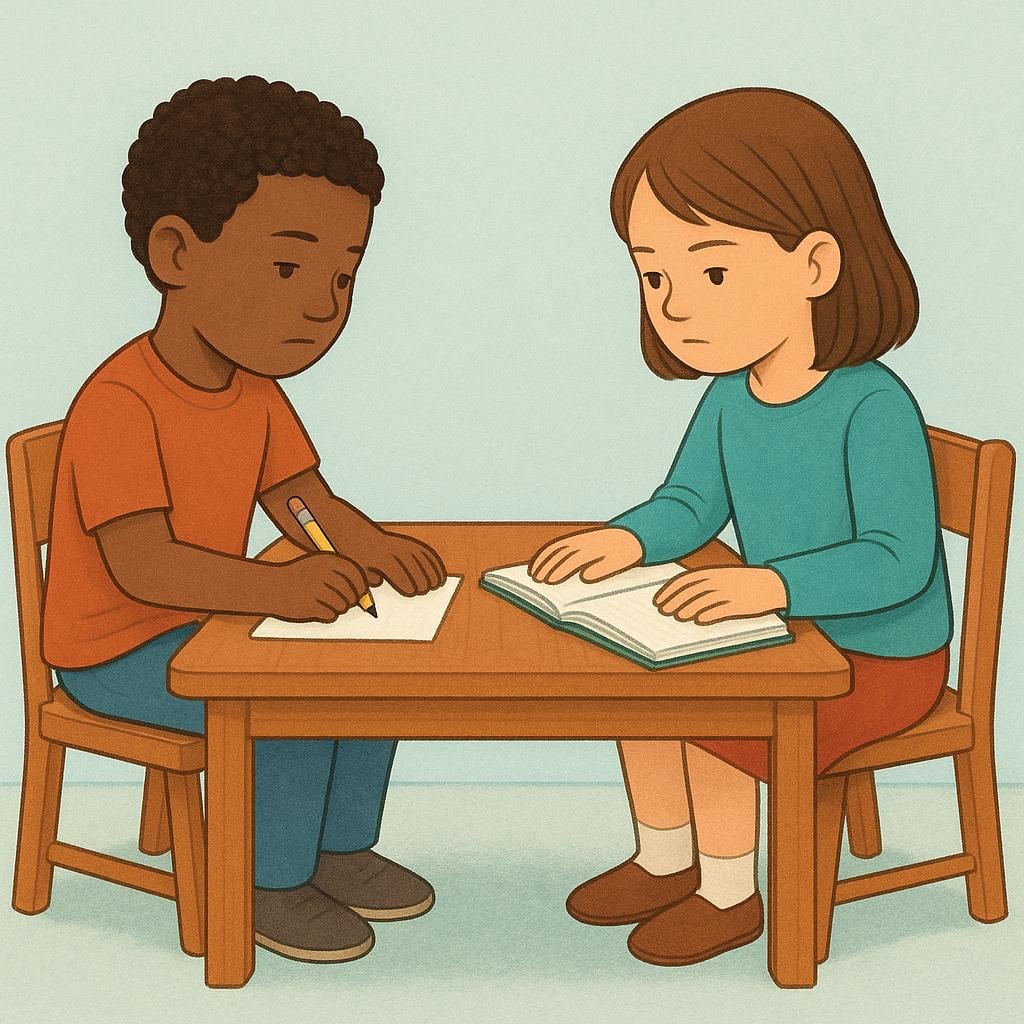 A storybook illustration showing a boy and a girl sitting across from each other at a small wooden table. Both have neutral, focused, non-smiling expressions, indicating deep concentration and earnestness.